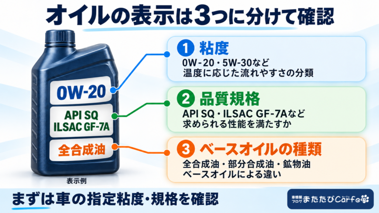 オイル容器の表示例で、0W-20は粘度、API SQ・ILSAC GF-7Aは品質規格、全合成油はベースオイルの種類と示した図