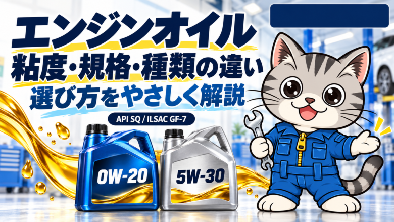 0W-20と5W-30のエンジンオイル容器と、粘度・規格・種類の違いを案内する整備士ネコのラチェットくん