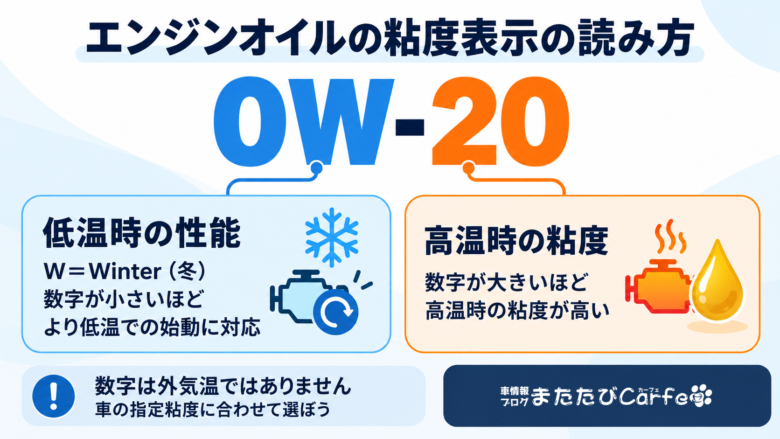 エンジンオイルの0W-20を例に、0Wが低温時の性能、20が高温時の粘度を表すことを説明した図