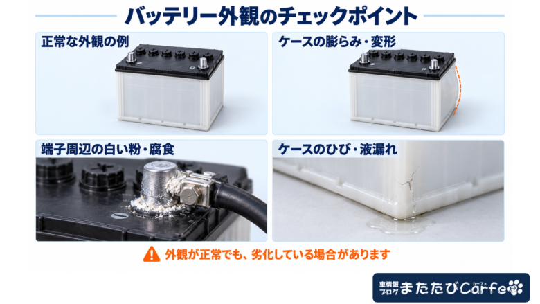 車用バッテリーの正常な外観、ケースの膨らみ、端子周辺の白い粉と腐食、ケースのひびと液漏れを比較した画像