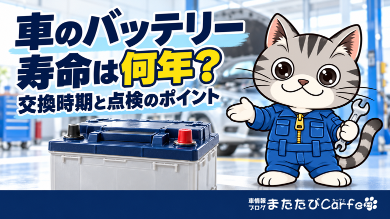 車用バッテリーを紹介する整備士ネコのラチェットくんと「寿命は何年？交換時期と点検のポイント」の見出し