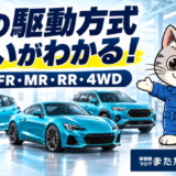 FF・FR・MR・RR・4WDの違いを紹介する、3台の車と整備士ネコのラチェットくんを描いたアイキャッチ画像