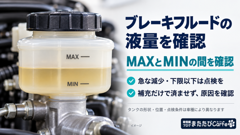 液面がMAXとMINの間にあるブレーキフルードのリザーバータンク