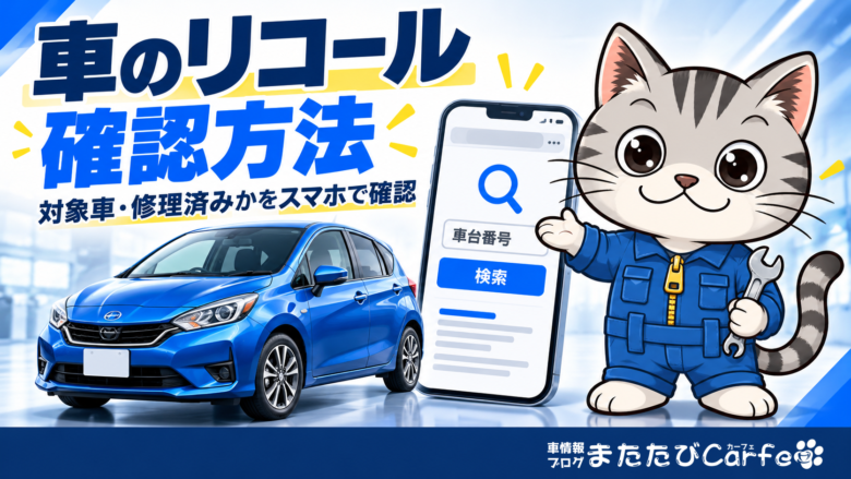 青い車と車台番号の検索画面を表示したスマートフォンを、整備士ネコのラチェットくんが紹介するイラスト
