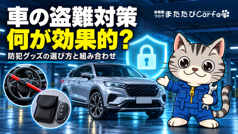 ハンドルロックと電波遮断ケース、車を守る盾のイメージをラチェットくんが紹介する車の盗難対策イラスト