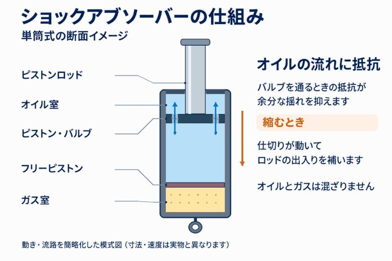 ショックアブソーバーの仕組み 単筒式の断面のイメージGIF