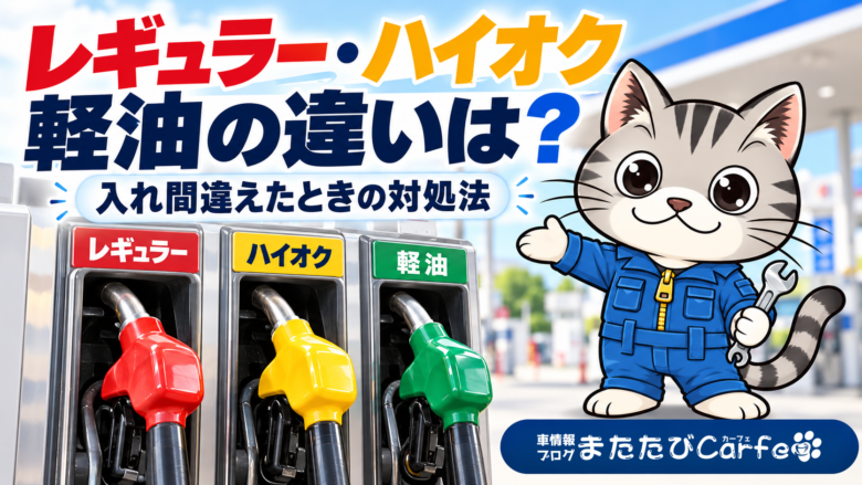 赤のレギュラー、黄のハイオク、緑の軽油の給油ノズルを、整備士ネコのラチェットくんが紹介する画像
