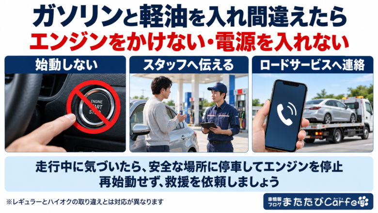 ガソリンと軽油の誤給油時は始動や電源ONを避け、スタッフやロードサービスへ相談。走行中なら安全な場所に停車し、再始動しない。