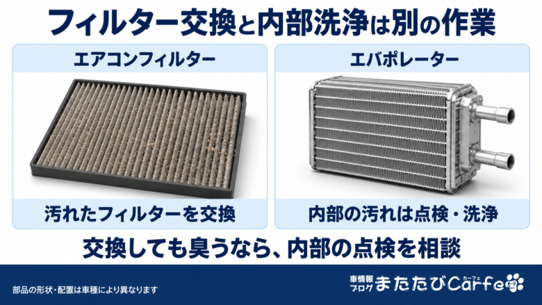 エアコンフィルターは交換、エバポレーターの汚れは内部の点検・洗浄で対処することを示した比較イラスト