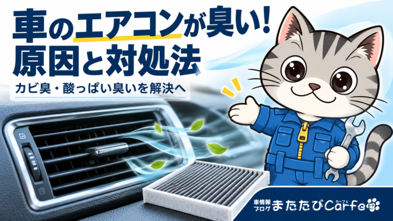 車のエアコン吹き出し口とフィルターを紹介する整備士ネコのラチェットくん