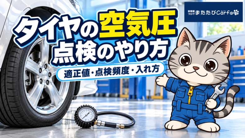 車のタイヤとエアゲージを背景に、ラチェットくんがタイヤの空気圧点検を案内するイラスト