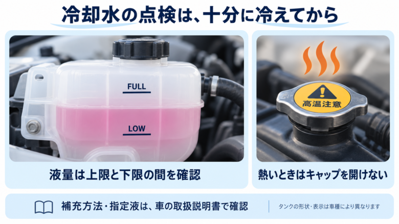 冷却水の液量がFULLとLOWの間にある例と、高温時にキャップを開けない注意点。