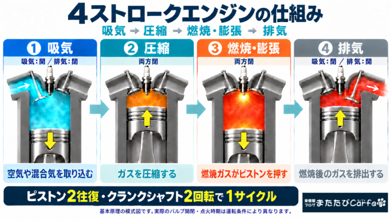 4ストロークエンジンの吸気・圧縮・燃焼膨張・排気の4行程と、各行程のバルブの開閉、ピストンの動きを示す図。ピストン2往復、クランクシャフト2回転で1サイクルとなる。