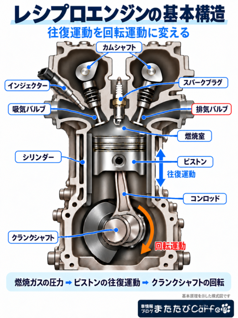 レシプロエンジンの断面図。カムシャフトや吸排気バルブなどの配置と、ピストンの往復運動をコンロッドを介してクランクシャフトの回転に変える仕組みを示す