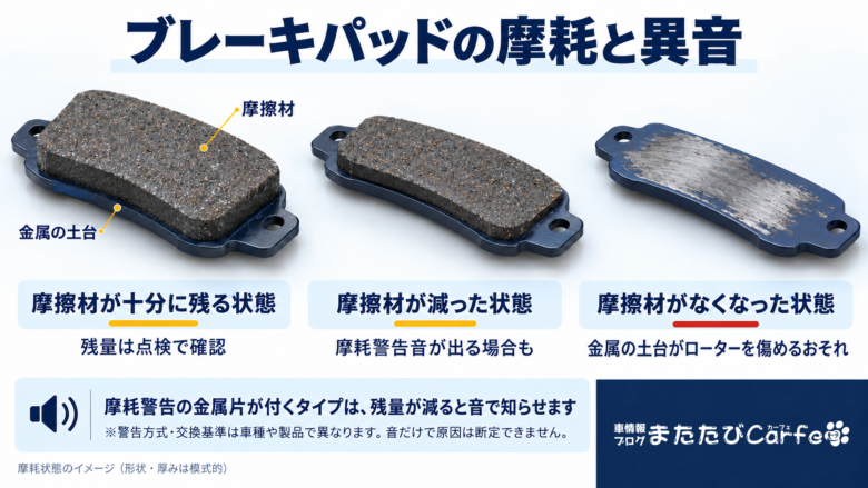 ブレーキパッドの摩擦材が十分に残る状態、薄くなった状態、なくなって金属の土台が露出した状態の比較