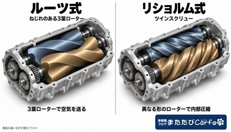ルーツ式とリショルム式の構造の違いを示す模式イラスト