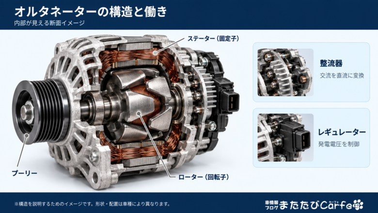 オルタネーター内部のローターとステーター、プーリー、整流器、レギュレーターを示した実写風の断面イメージ