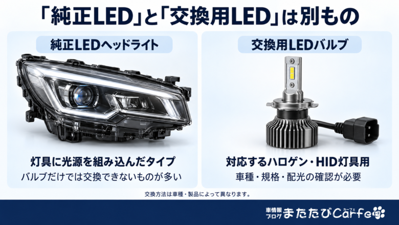 光源を組み込んだ純正LEDヘッドライトと、対応灯具に取り付ける交換用LEDバルブの比較イメージ