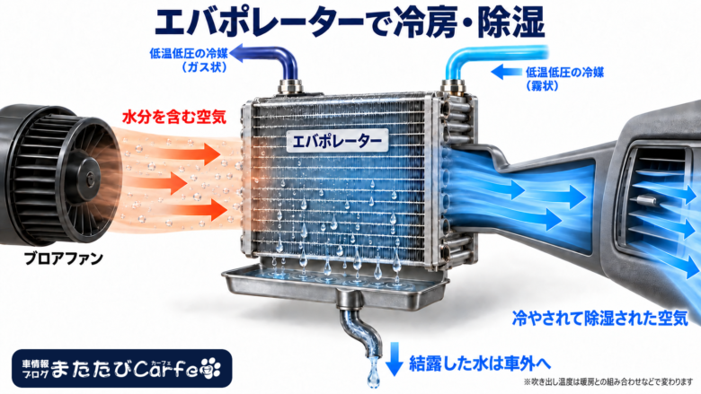 湿った空気がエバポレーターで冷やされ、結露した水が車外へ排出されるカーエアコン除湿の3D図