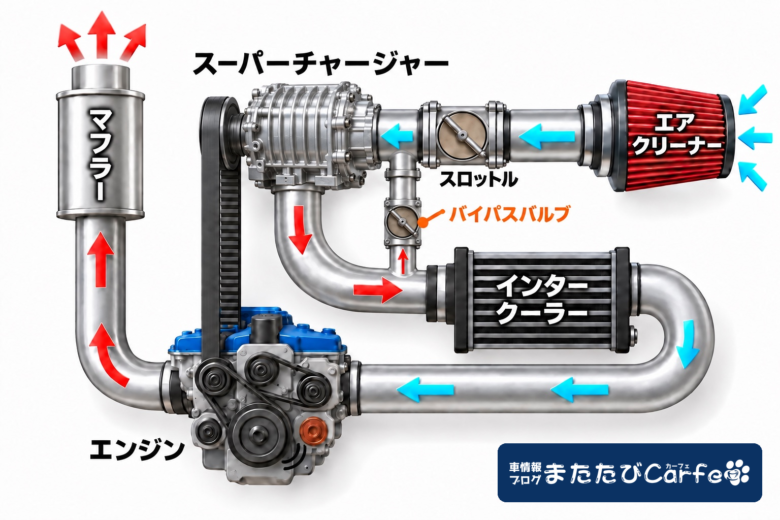 ベルト駆動のスーパーチャージャーと、圧縮後の空気を吸気側へ戻すバイパスバルブの構成図