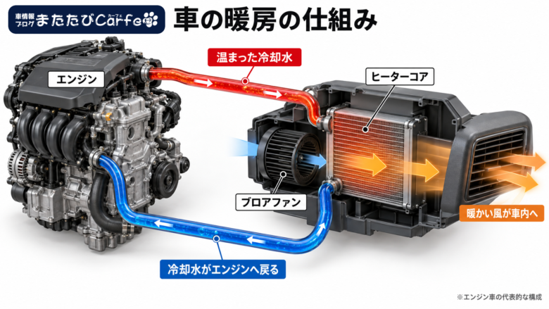 エンジンで温まった冷却水がヒーターコアへ流れ、ブロアファンの風を暖めて車内へ送る仕組みを示した3D図