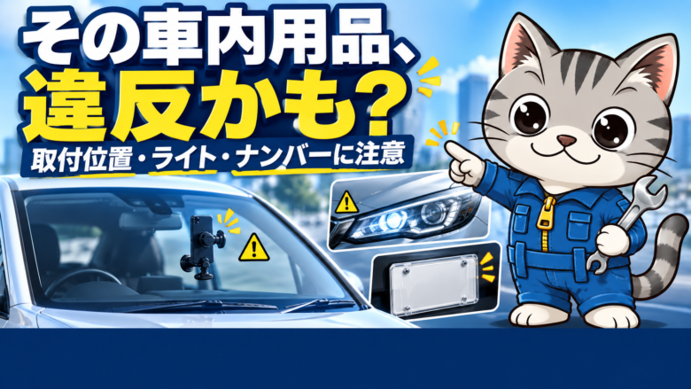 フロントガラスのスマホホルダー、ライト、ナンバーカバーの注意点を案内するラチェットくん