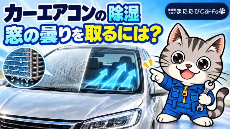 曇ったフロントガラス、エバポレーターの結露、ガラスへ向かう風を描いたアイキャッチ画像