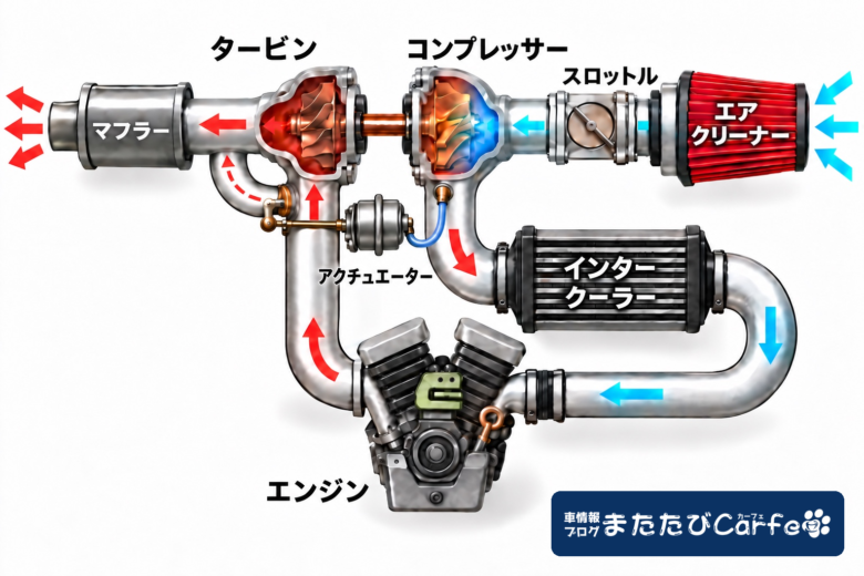 排気でタービンを回してコンプレッサーを駆動するターボチャージャーの仕組みと、吸気・排気の流れ