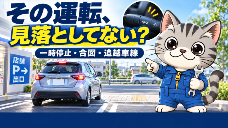 店舗の駐車場出口で停止する車とウインカーレバーを背景に、運転中の交通ルールを案内するラチェットくん