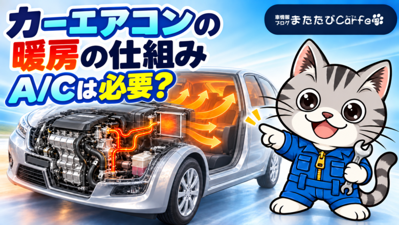 エンジンの熱を使って車内に暖かい風を送る様子と、ラチェットくんを描いたアイキャッチ画像
