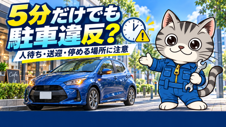 道路脇に停車した青い車と時計を背景に、短時間の駐車や送迎の注意点を案内するラチェットくん