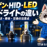 ハロゲン・HID・LEDのヘッドライト用バルブと、違いを案内するラチェットくん
