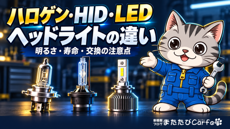 ハロゲン・HID・LEDのヘッドライト用バルブと、違いを案内するラチェットくん