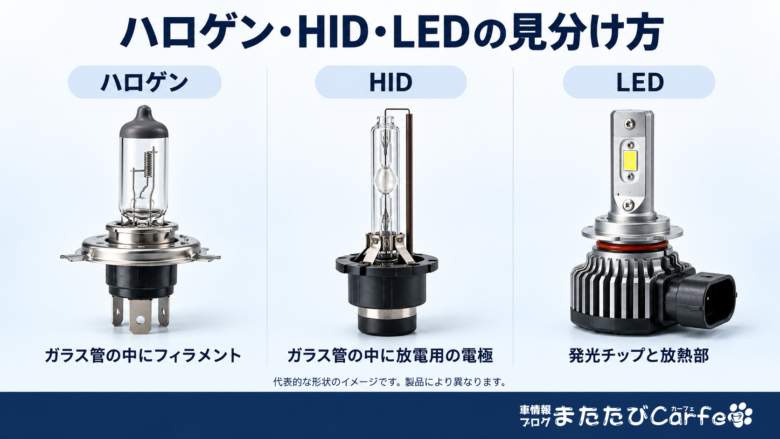 フィラメントのあるハロゲン、放電用電極のあるHID、発光チップと放熱部のあるLEDを並べたイメージ