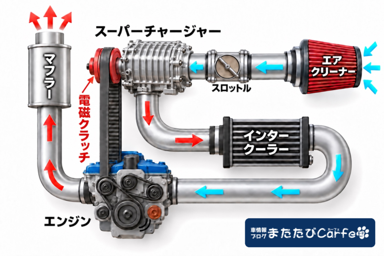 電磁クラッチでエンジンからの駆動を接続・切断するスーパーチャージャーの仕組みと吸気の流れ