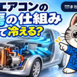 車の冷房装置と車内へ流れる冷たい風を、ラチェットくんが指し示すアイキャッチ画像