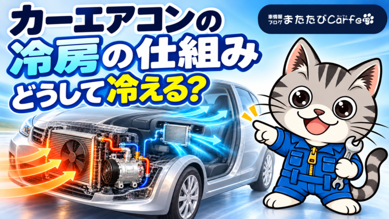車の冷房装置と車内へ流れる冷たい風を、ラチェットくんが指し示すアイキャッチ画像
