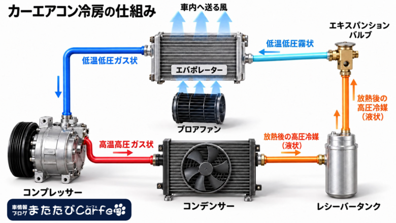 コンプレッサー、コンデンサー、レシーバータンク、エキスパンションバルブ、エバポレーターを巡る冷媒の流れを示した冷房の3D図