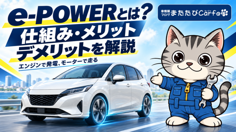 e-POWERの仕組みとメリット・デメリットを紹介する、白い車と整備士ネコのラチェットくん