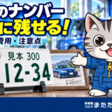 穴あけ済みのナンバープレートと愛車の写真を飾り、ラチェットくんが紹介するイラスト