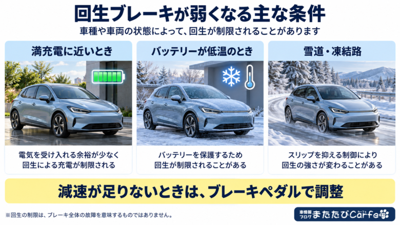満充電に近いとき、バッテリーが低温のとき、雪道・凍結路では回生が制限されることがあり、減速が足りない場合はブレーキペダルで調整することを示す画像。
