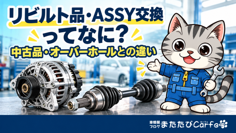 オルタネーターとドライブシャフトを紹介する整備士ネコのラチェットくんと、リビルト品・ASSY交換を解説する見出し
