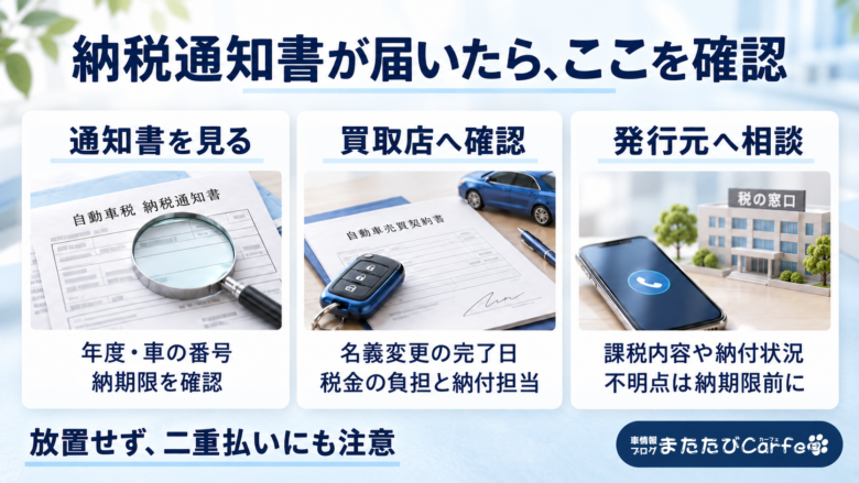 通知書の年度・車の番号・納期限を確認し、買取店への確認と発行元への相談を進める手順。