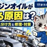 エンジン上のオイルレベルゲージを指し示す整備士ネコのラチェットくんと、エンジンオイルが減る原因・修理・対策の見出し