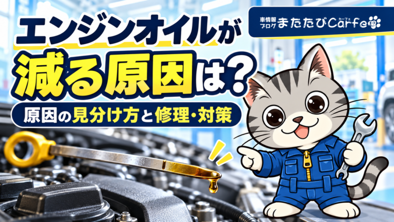 エンジン上のオイルレベルゲージを指し示す整備士ネコのラチェットくんと、エンジンオイルが減る原因・修理・対策の見出し