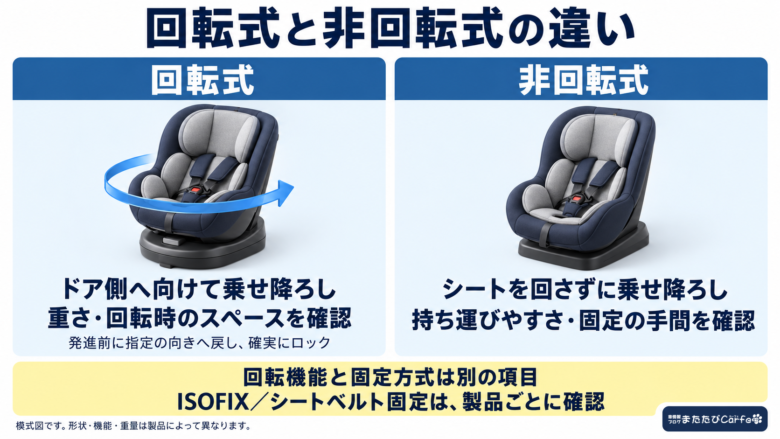 シートを回して乗せ降ろしする回転式と、回さずに乗せ降ろしする非回転式を比較。回転機能と固定方式は別の項目であることを示す。