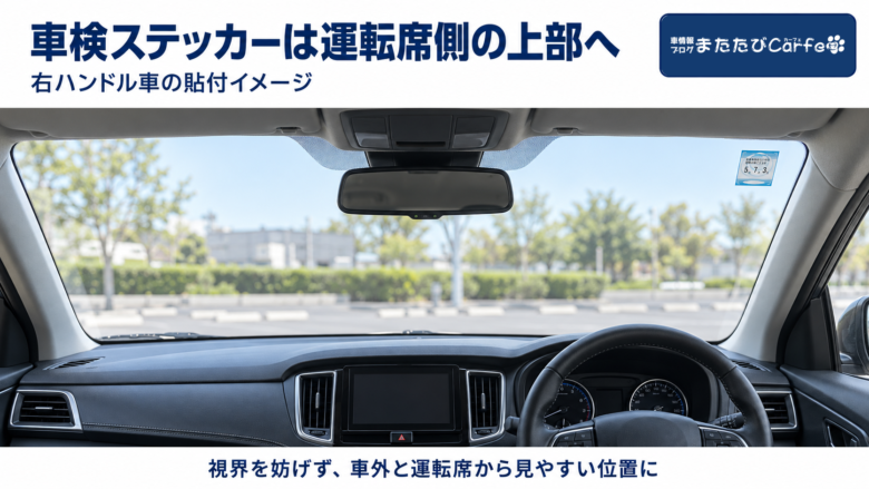 右ハンドル車の車内から見た、フロントガラス右上の車検ステッカー貼付イメージ