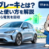 電気自動車とバッテリーへ向かう矢印で、減速時の電力回収を表現し、ラチェットくんが紹介するイメージ