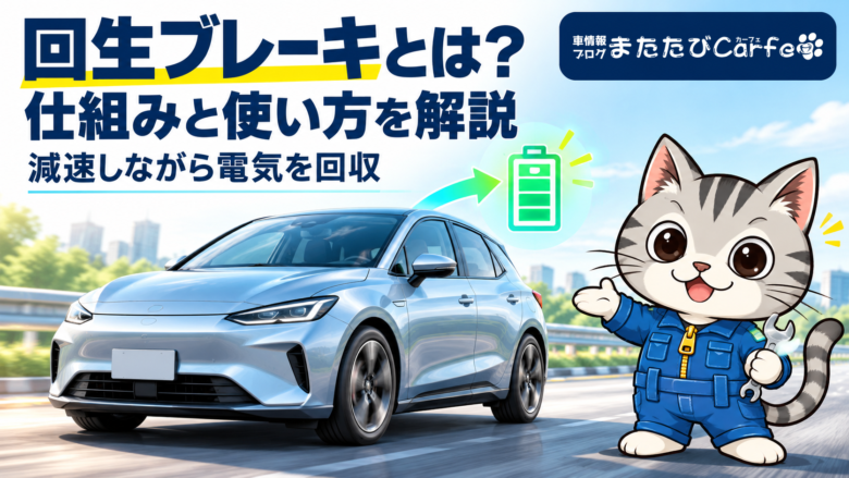 電気自動車とバッテリーへ向かう矢印で、減速時の電力回収を表現し、ラチェットくんが紹介するイメージ