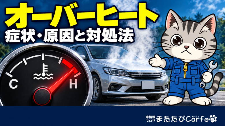 高温側の赤い範囲を指す水温計と、閉じたボンネットから白い蒸気が出る車を案内するラチェットくん